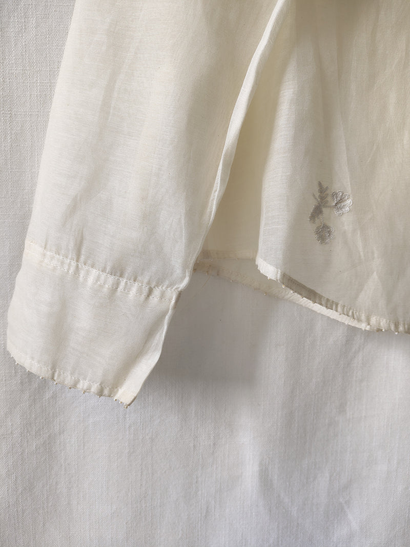 Natural White Hand Embroidered Floral Sheer Shirt