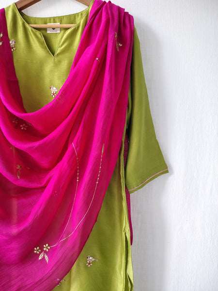 Parrot Green Hand Embroidered Gota Patti Kurta Set with Dupatta