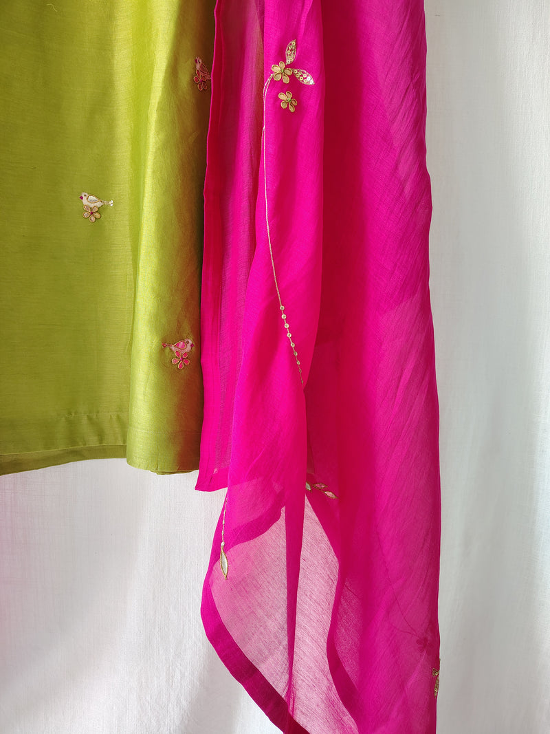 Parrot Green Hand Embroidered Gota Patti Kurta Set with Dupatta