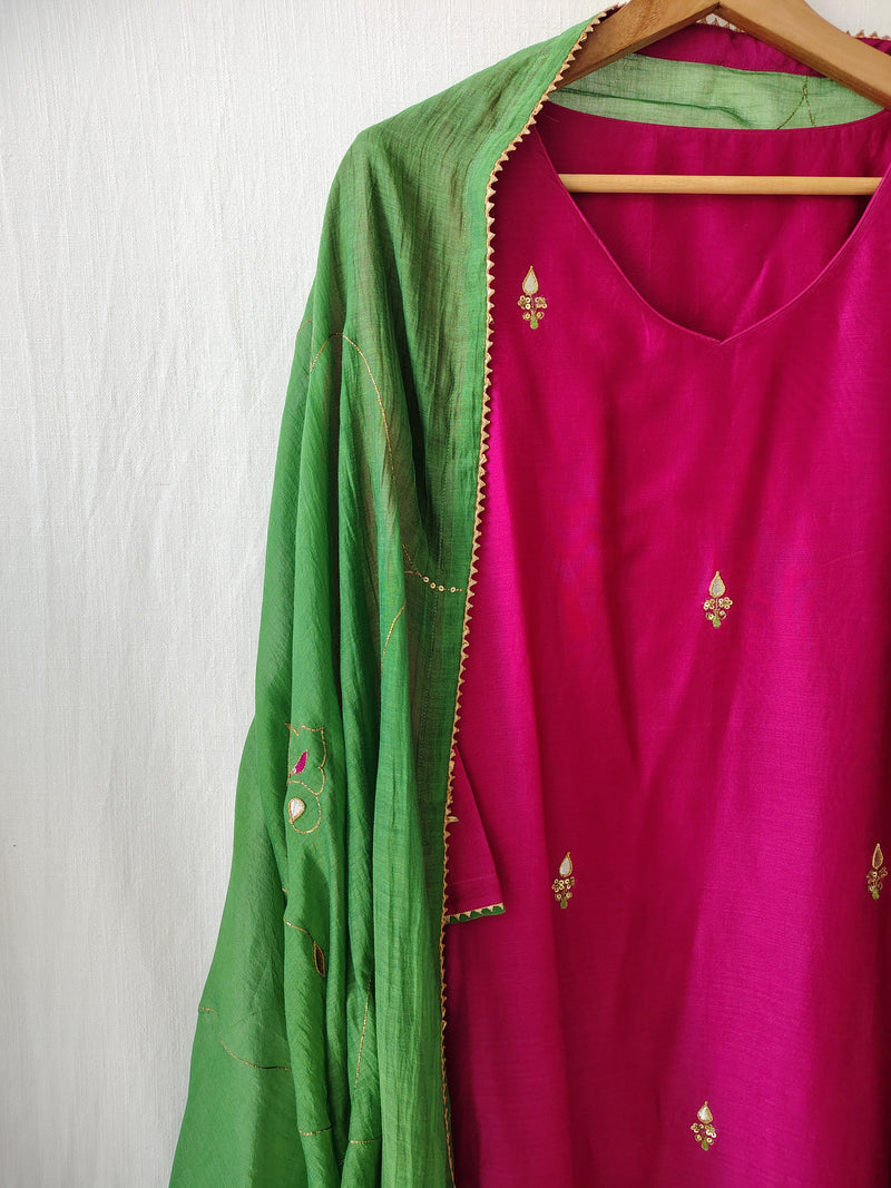 Rani Pink Gota Patti Hand Embroidered Kurta Set with Dupatta