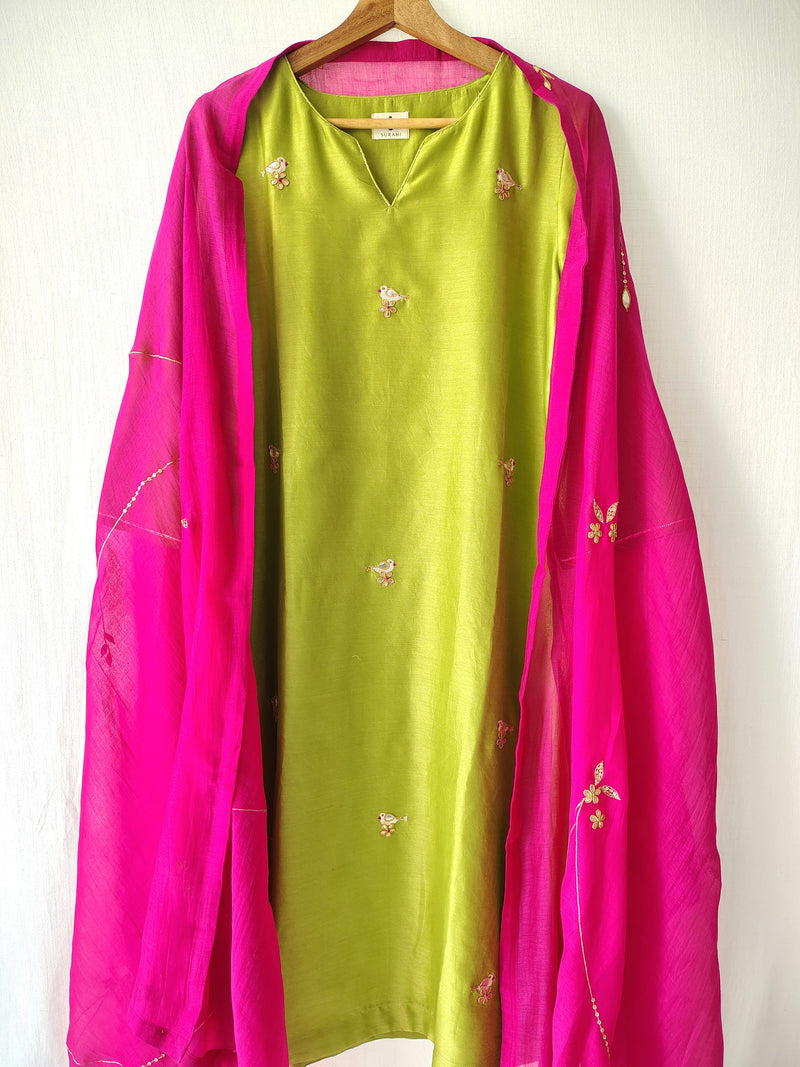 Parrot Green Hand Embroidered Gota Patti Kurta Set with Dupatta