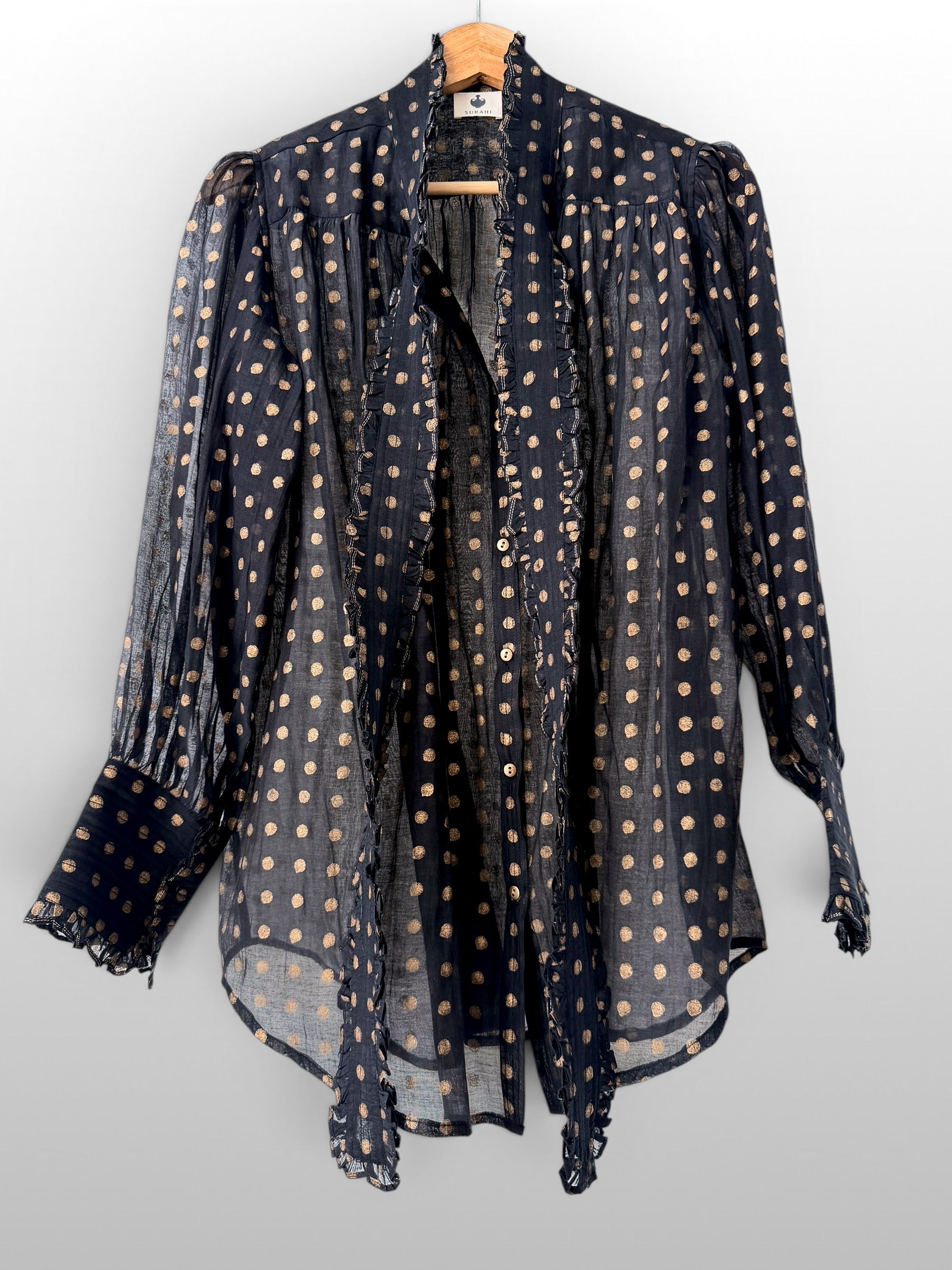 Victorian Gold printed Frill Shirt with a Tie - Black Cotton Silk Sheer Blouse