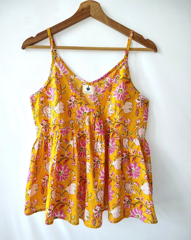 Yellow Tropical Sleeveless Cotton Strappy Tank Top
