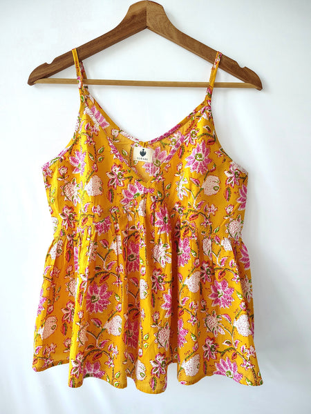 Yellow Tropical Sleeveless Cotton Strappy Tank Top
