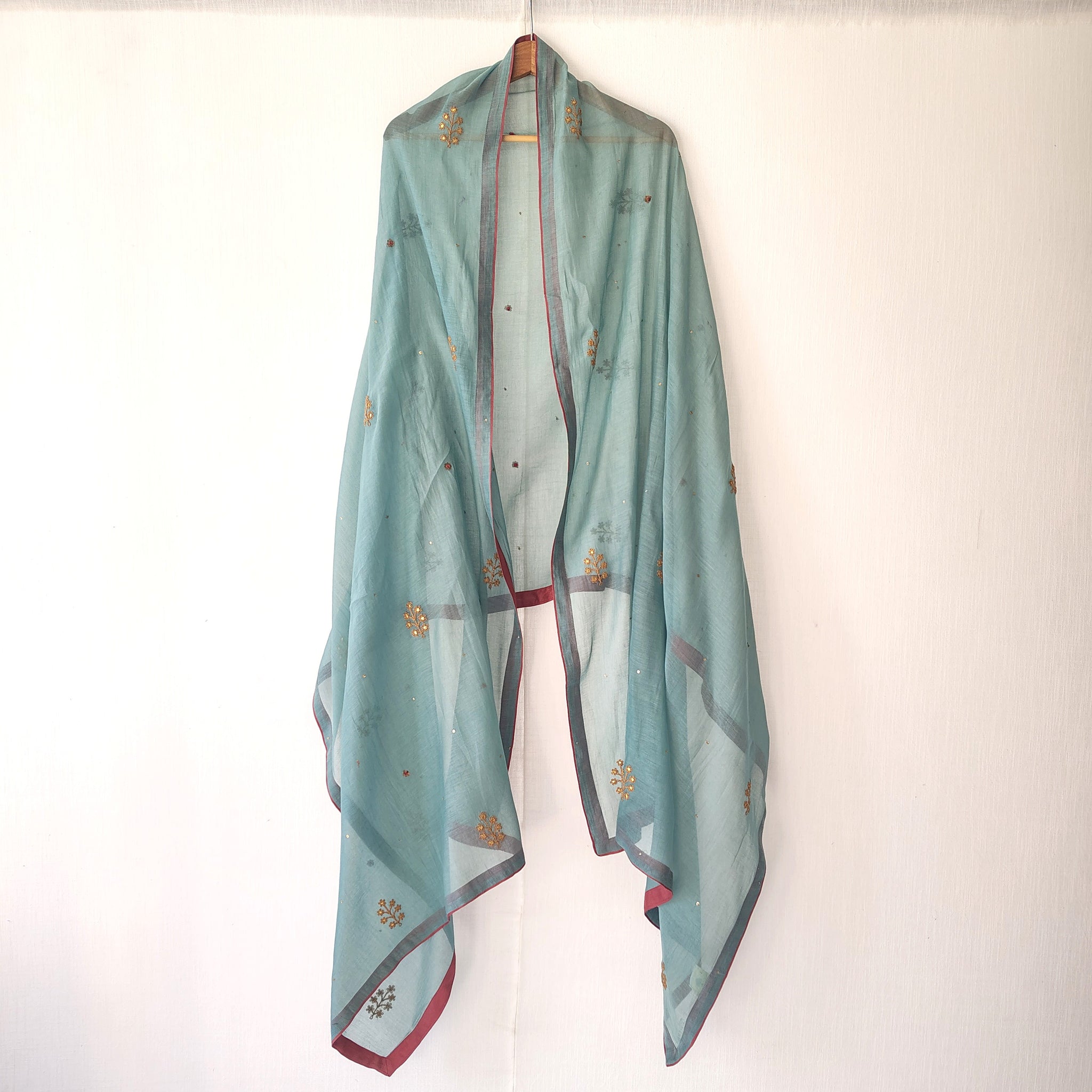 Festive Blue Gold Hand Embroidered Cotton Silk Dupatta