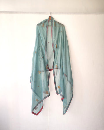 Festive Blue Gold Hand Embroidered Cotton Silk Dupatta