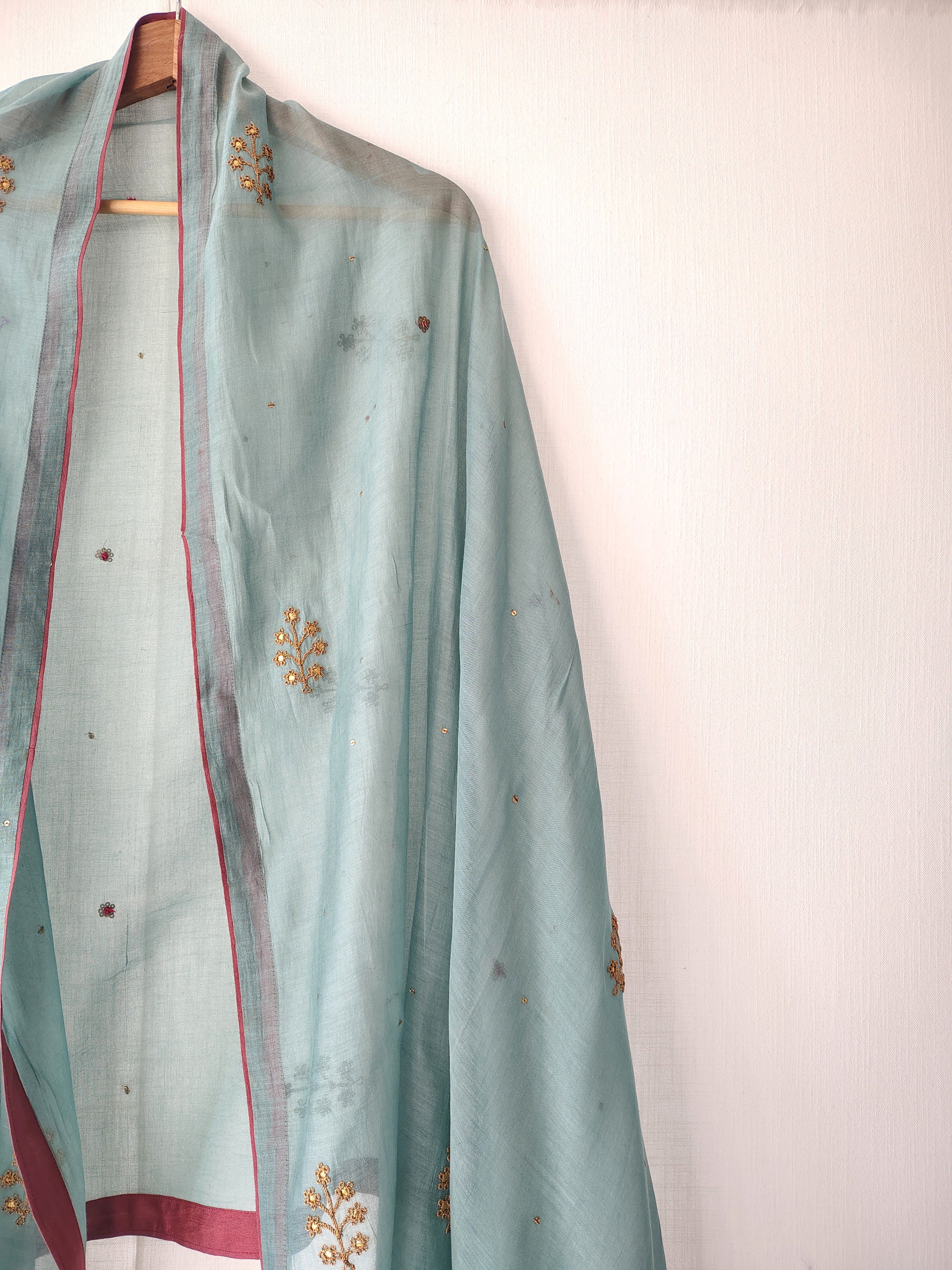 Festive Blue Gold Hand Embroidered Cotton Silk Dupatta