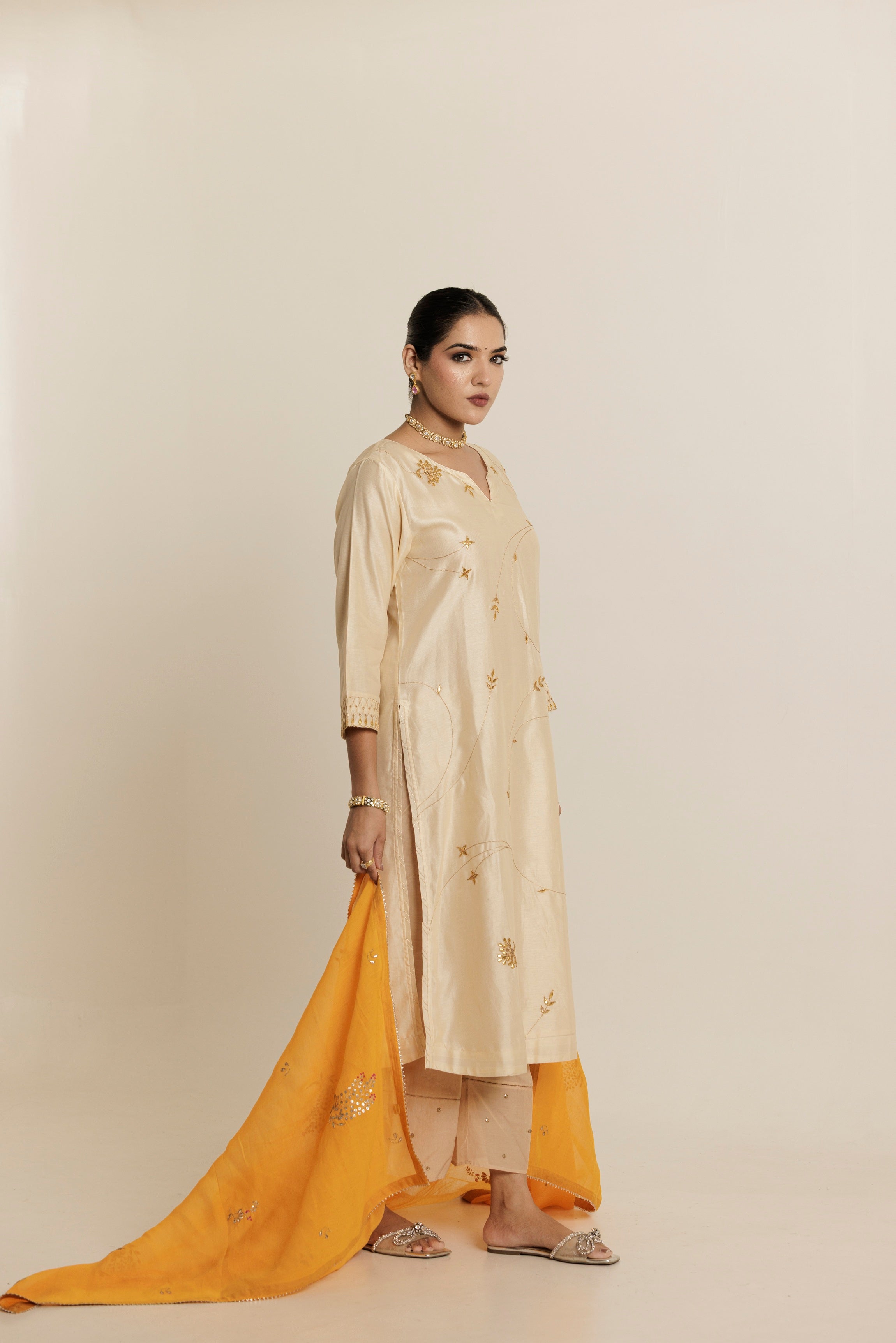 Ivory Gold Gota Patti Embroidered Chanderi Kurta Set