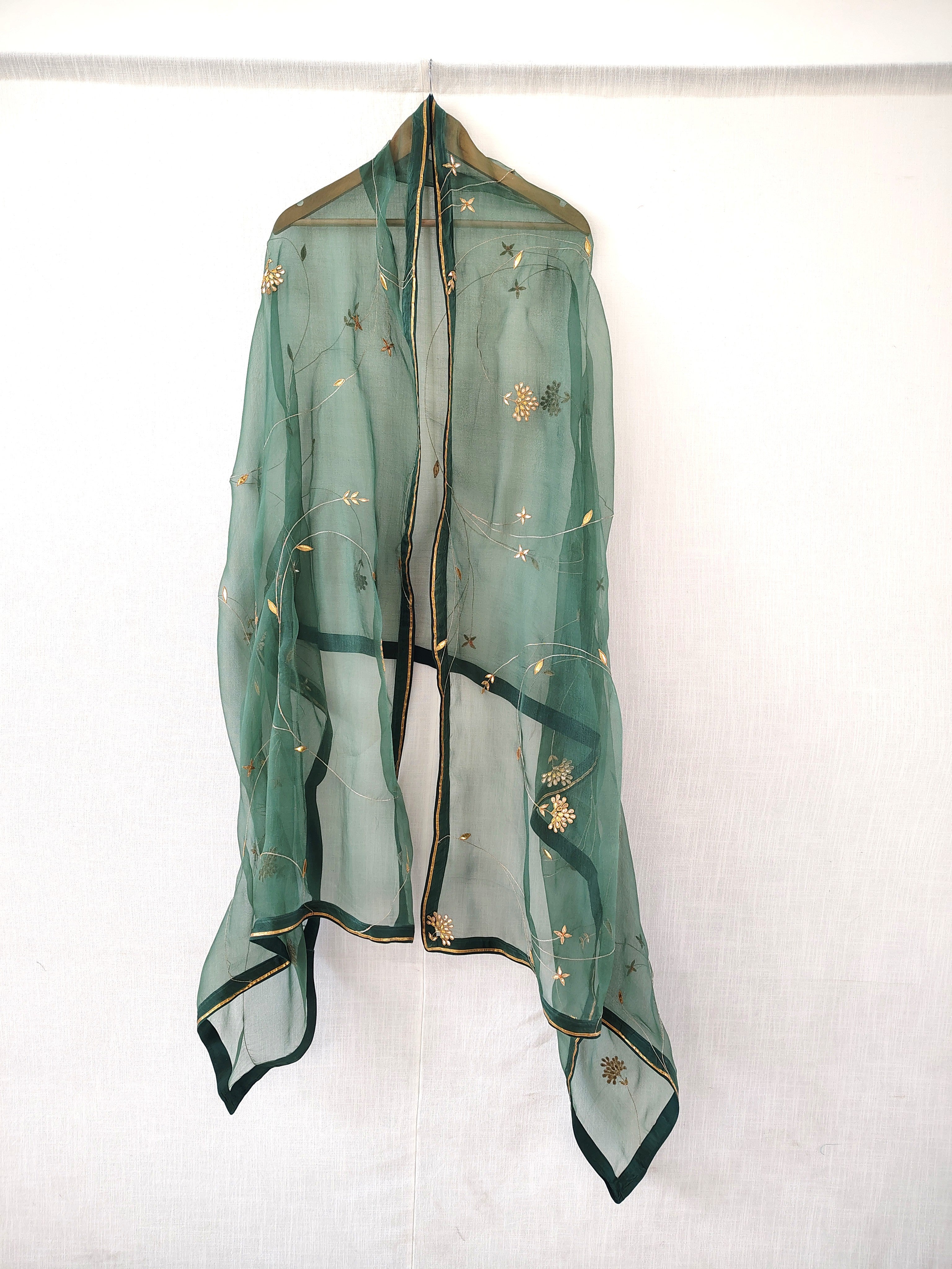 Green-Gold Hand Embroidered Organza Dupatta