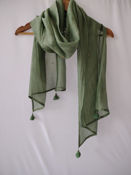 Green Cotton Silk Embroidered Stole for Women