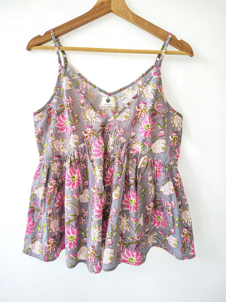 Grey Tropical Sleeveless Cotton Strappy Tank Top