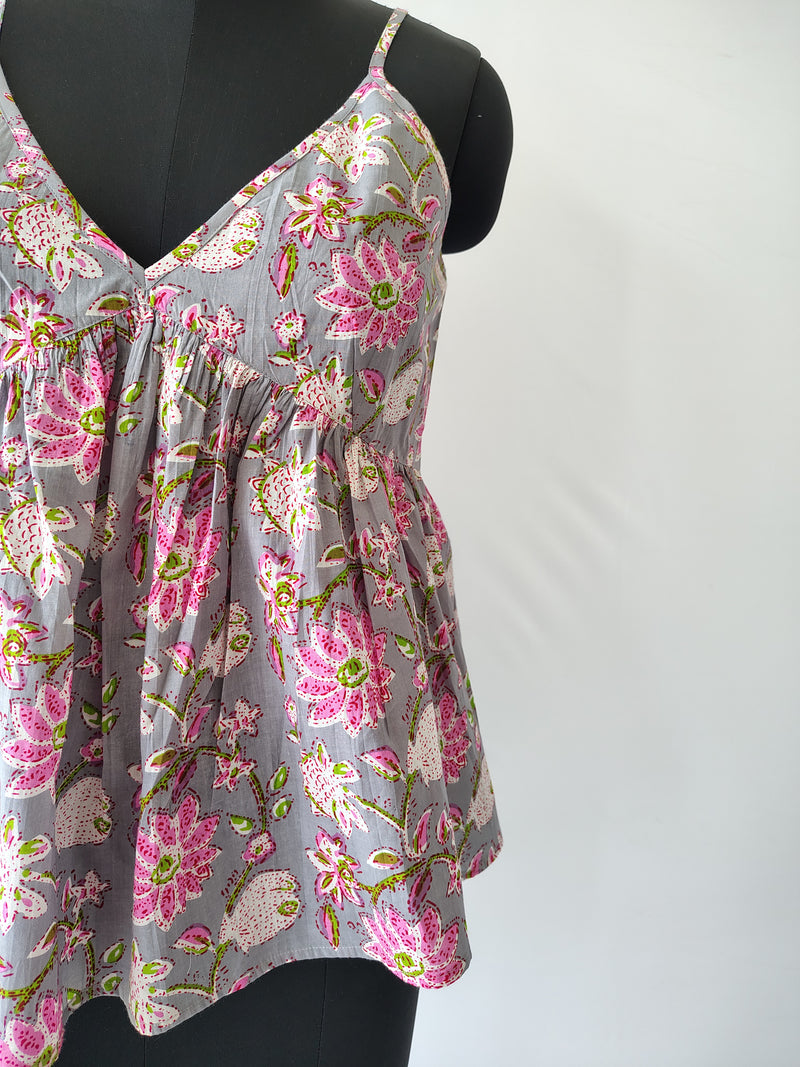 Grey Tropical Sleeveless Cotton Strappy Tank Top