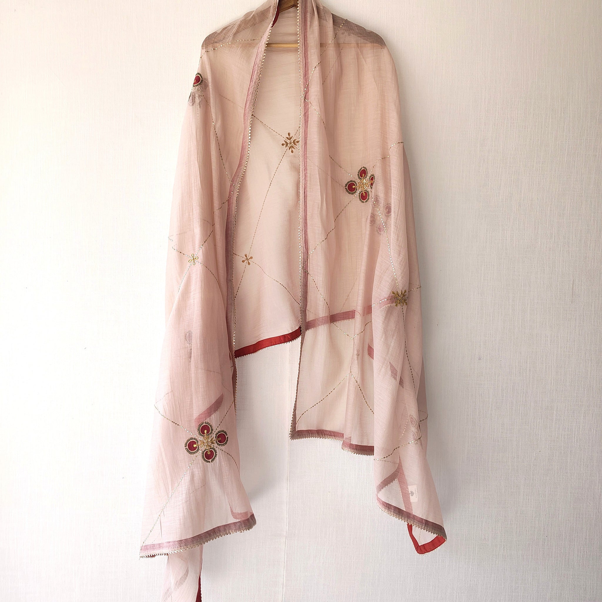 Dusky Pink Floral Hand Embroidered Gota-Patti Chanderi Dupatta