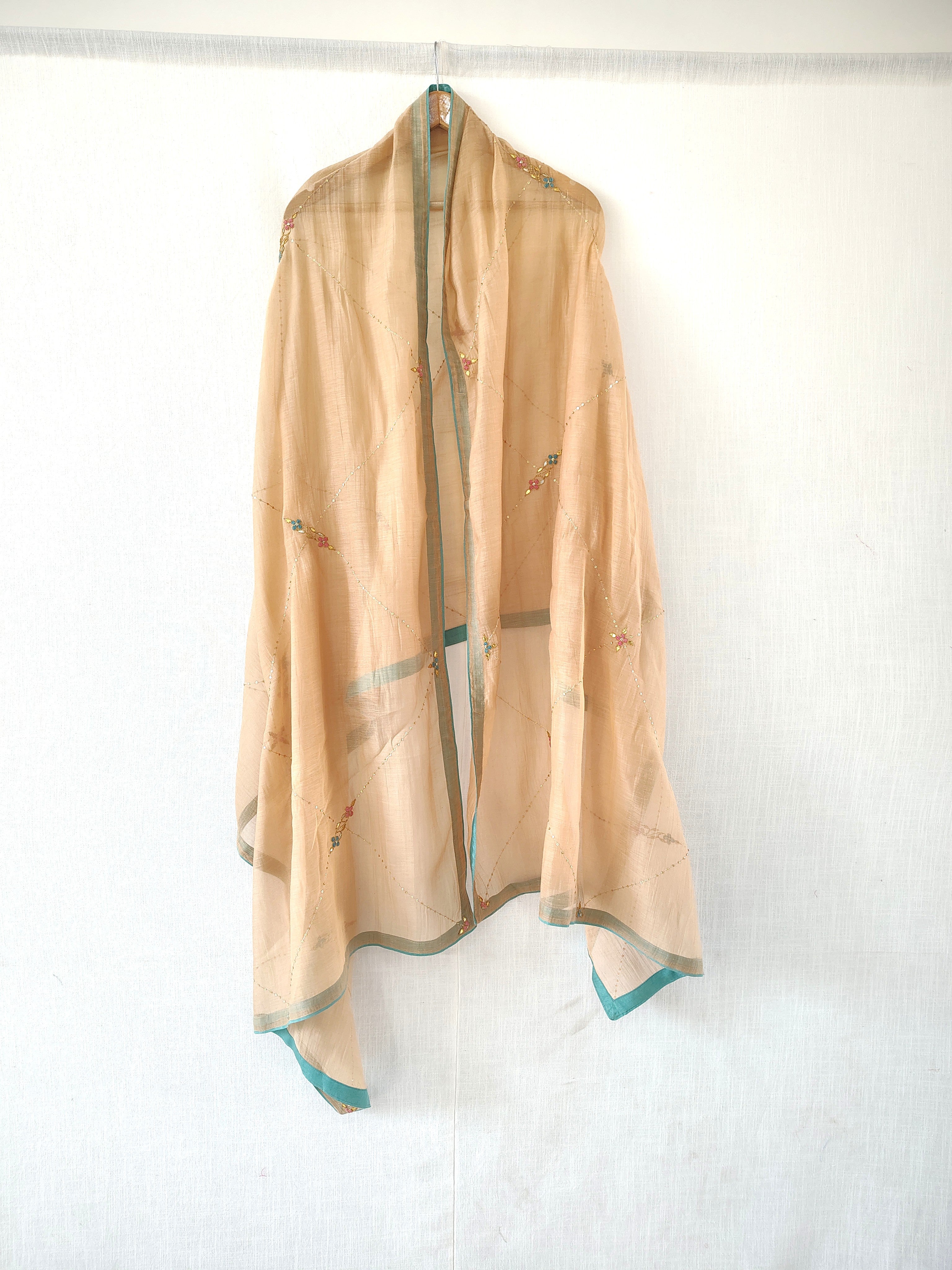 Peach Floral Hand Embroidered Cotton Silk Dupatta