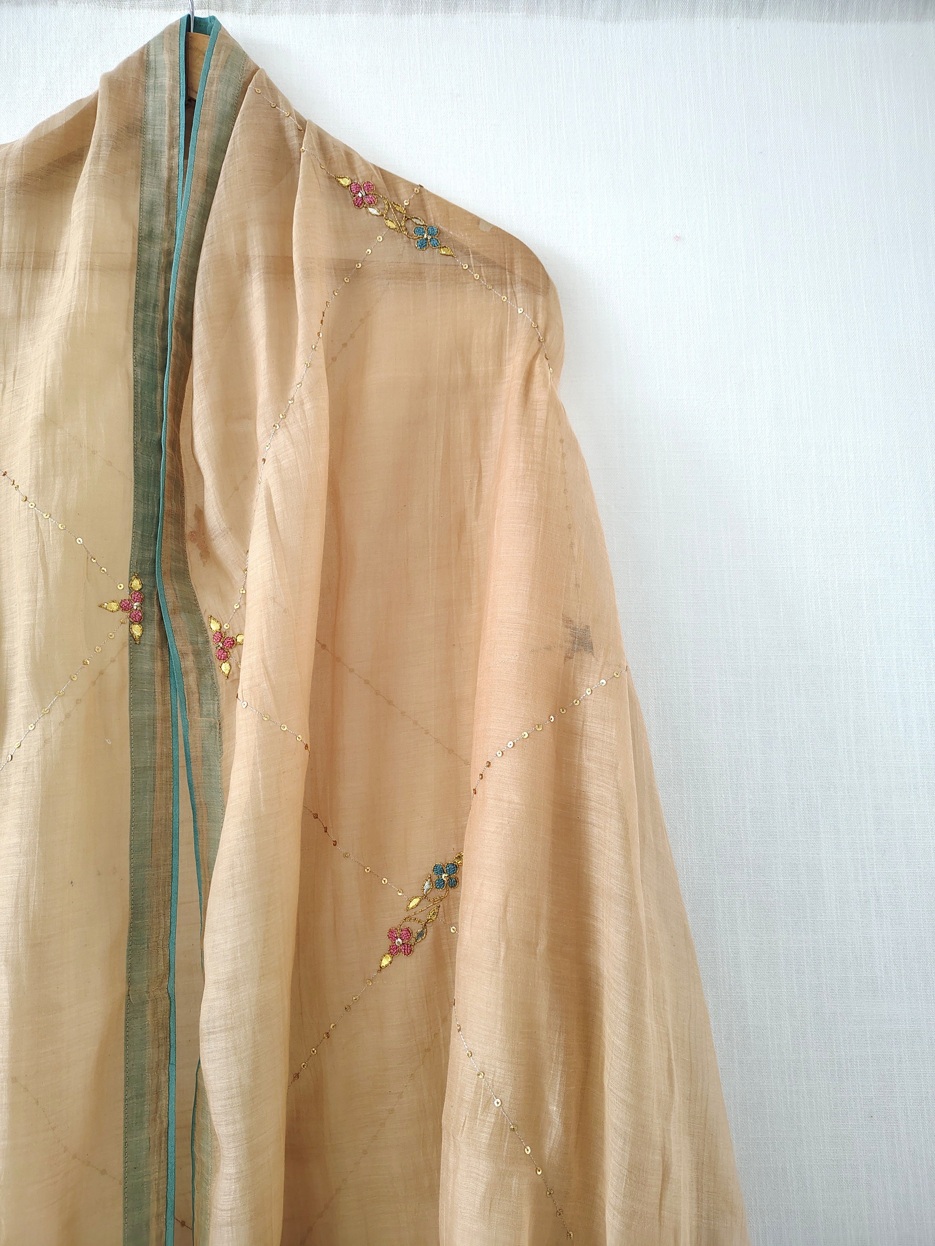 Peach Floral Hand Embroidered Cotton Silk Dupatta