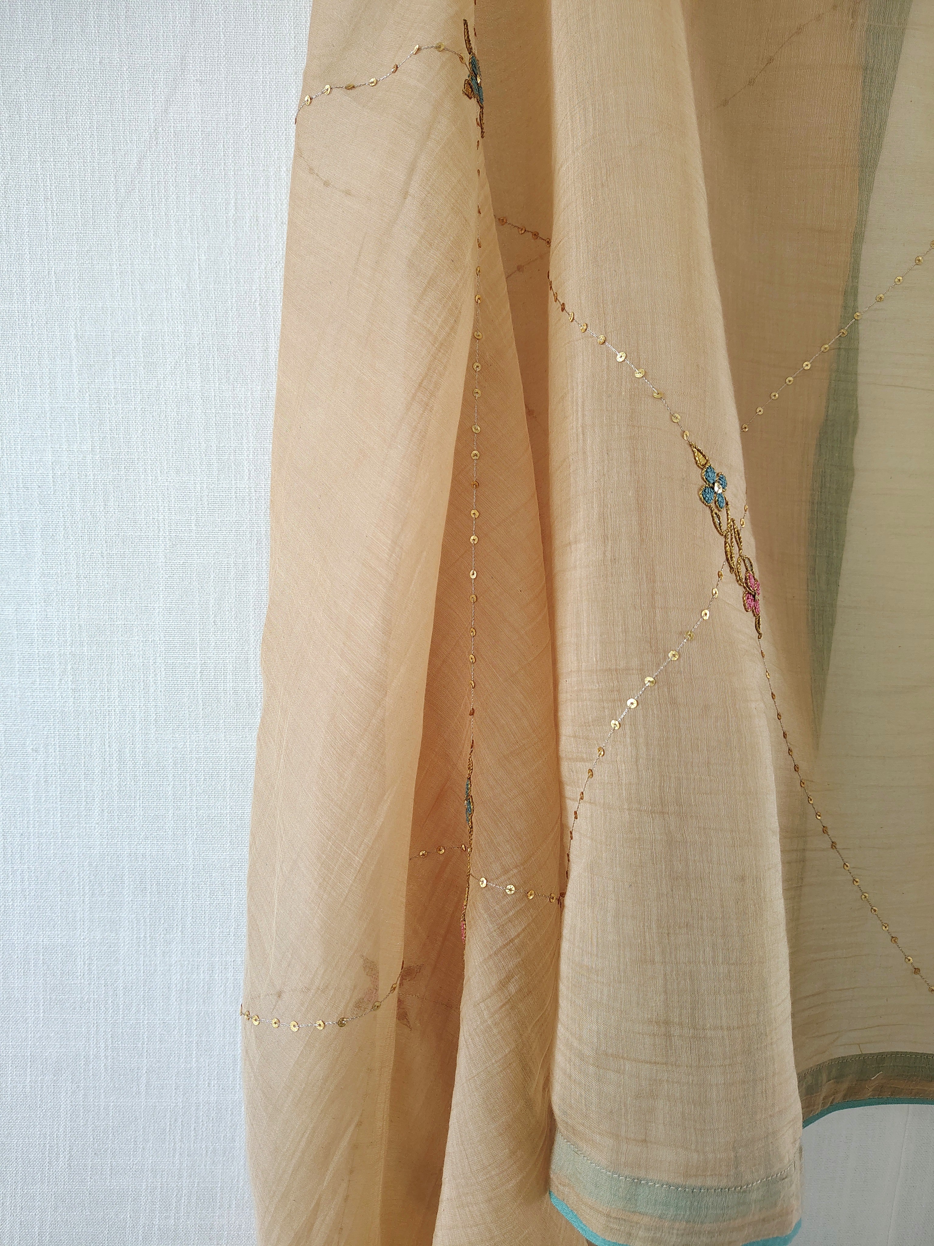 Peach Floral Hand Embroidered Cotton Silk Dupatta