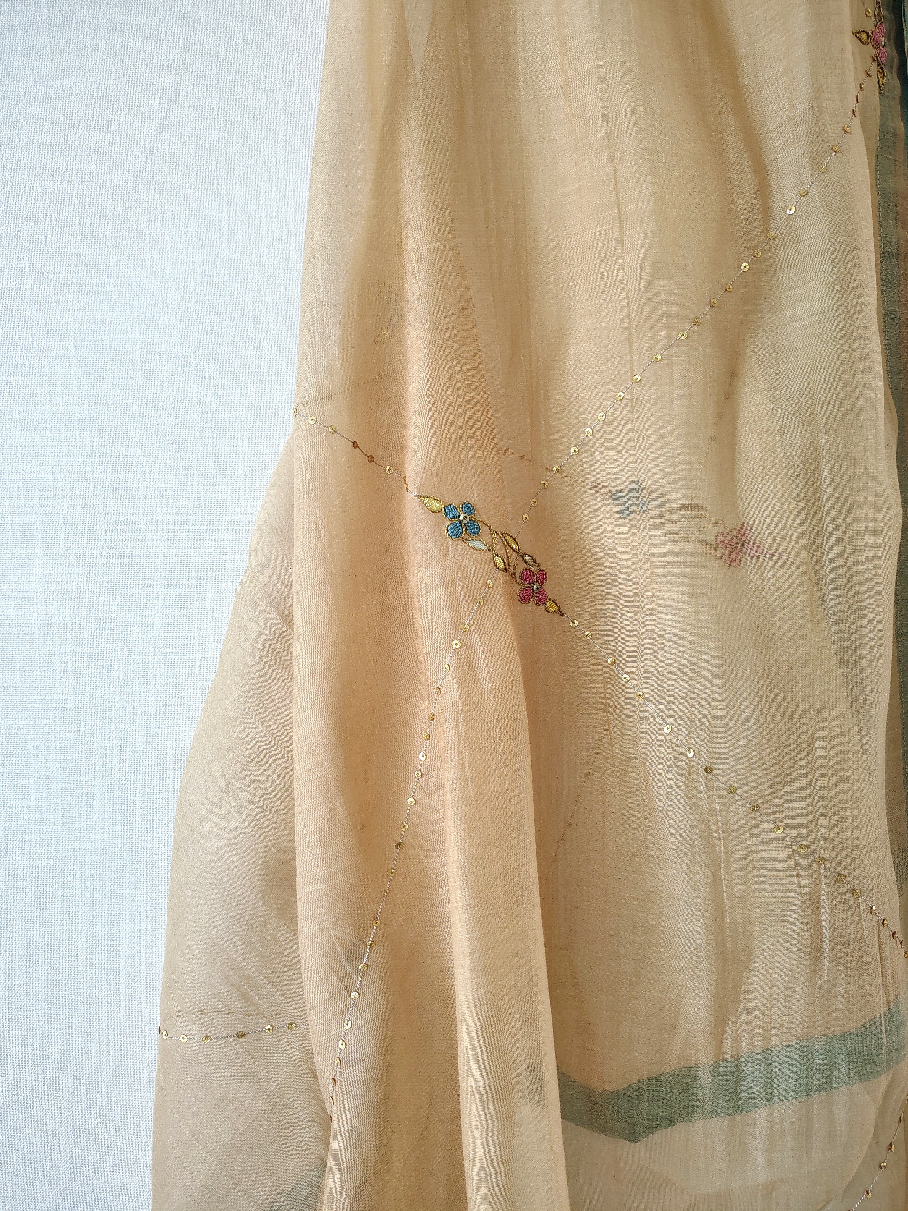 Peach Floral Hand Embroidered Cotton Silk Dupatta