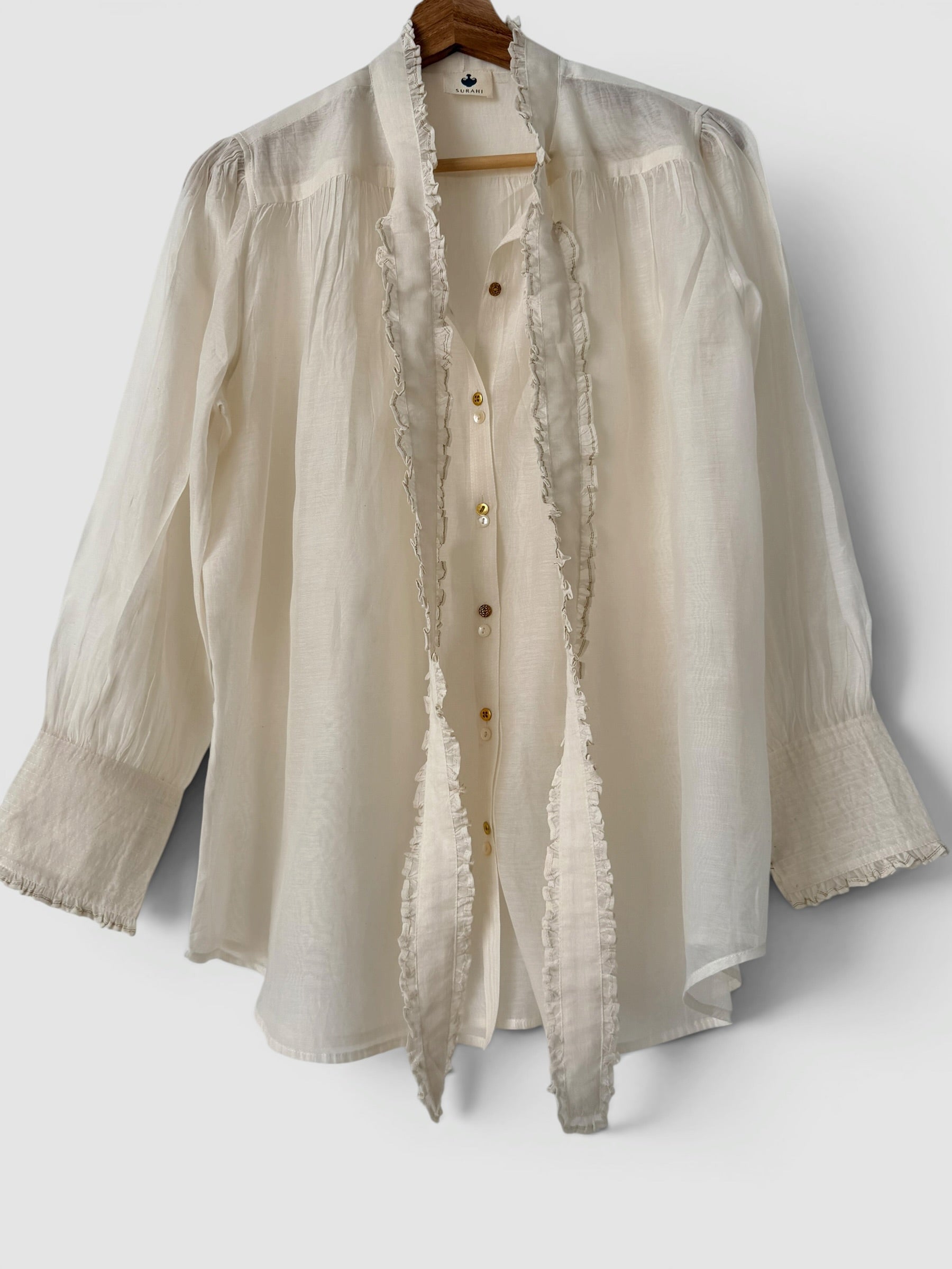 Victorian Frill Shirt with a Tie - Ivory Cotton Silk Sheer Blouse