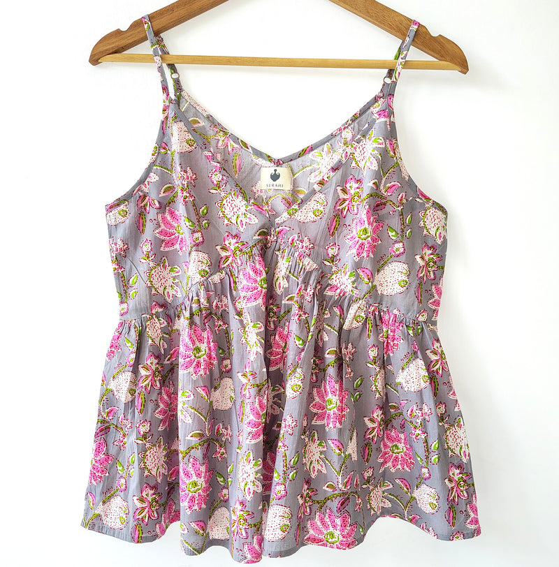 Grey Tropical Sleeveless Cotton Strappy Tank Top