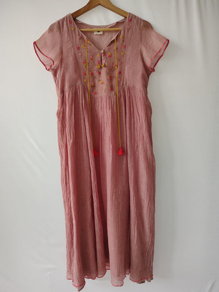 Dusty Rose Hand Embroidered Sheer Cotton Silk Dress