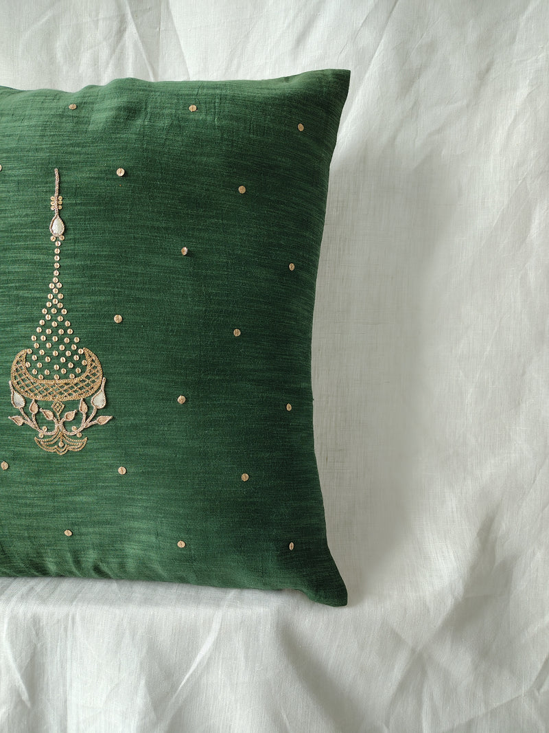 Green Gota Patti Hand Embroidery Cotton Silk Cushion Covers