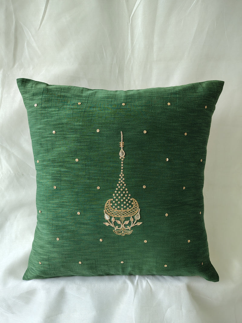 Green Gota Patti Hand Embroidery Cotton Silk Cushion Covers
