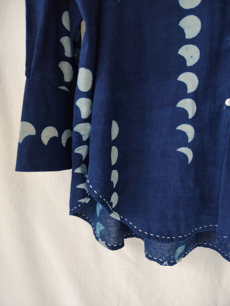 Indigo Moon Phases Loose Fit Cotton Shirt Block Print