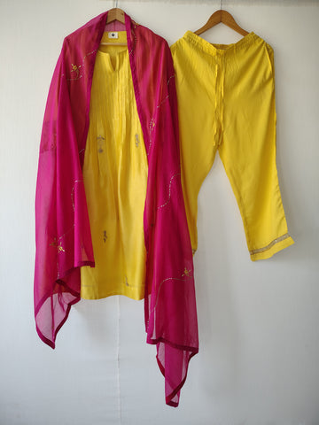 Yellow Aari-Zardozi A-line Kurta Set Chanderi