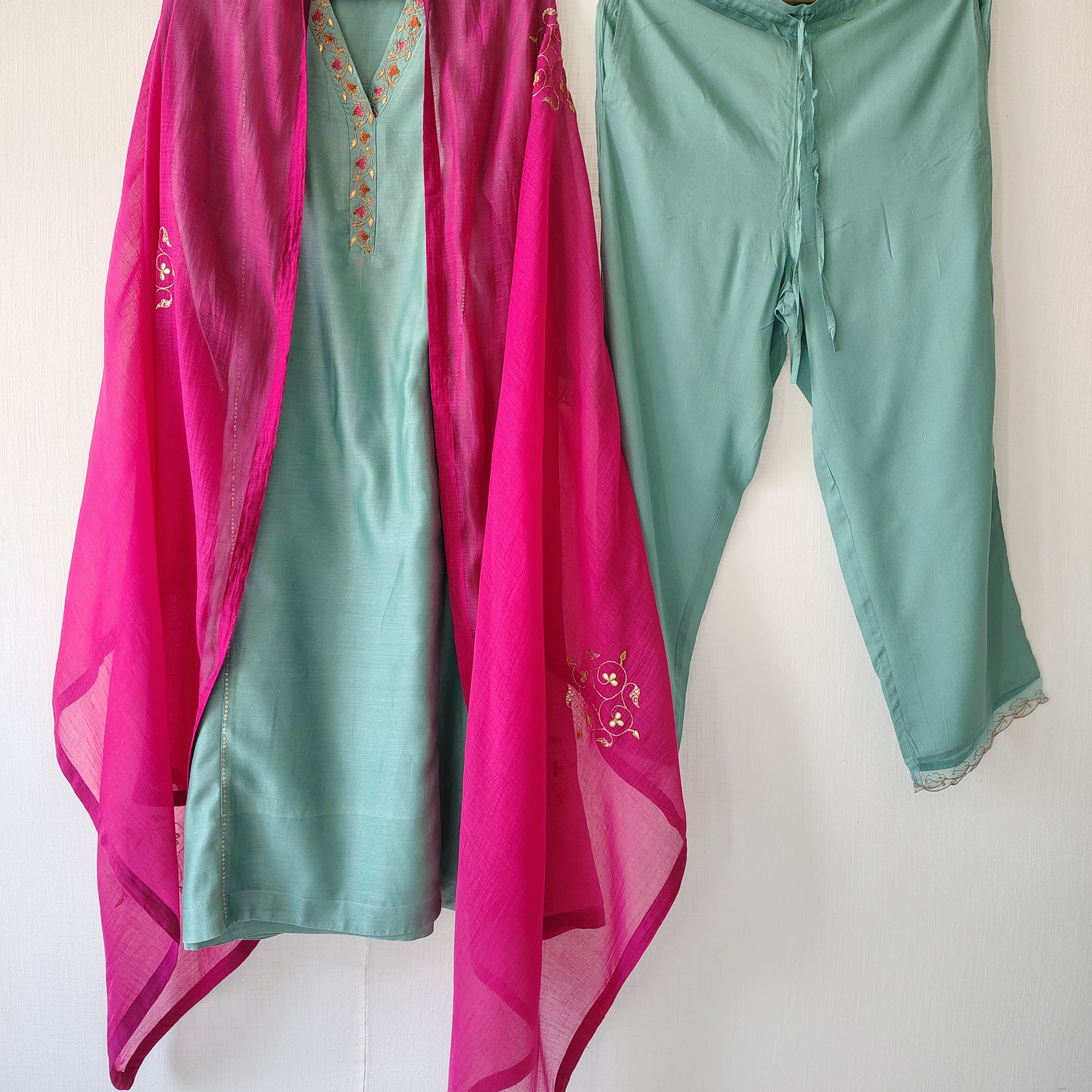 Sea Green Hand Embroidered A-Line Chanderi Kurta Set