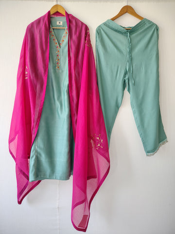 Sea Green Hand Embroidered A-Line Chanderi Kurta Set