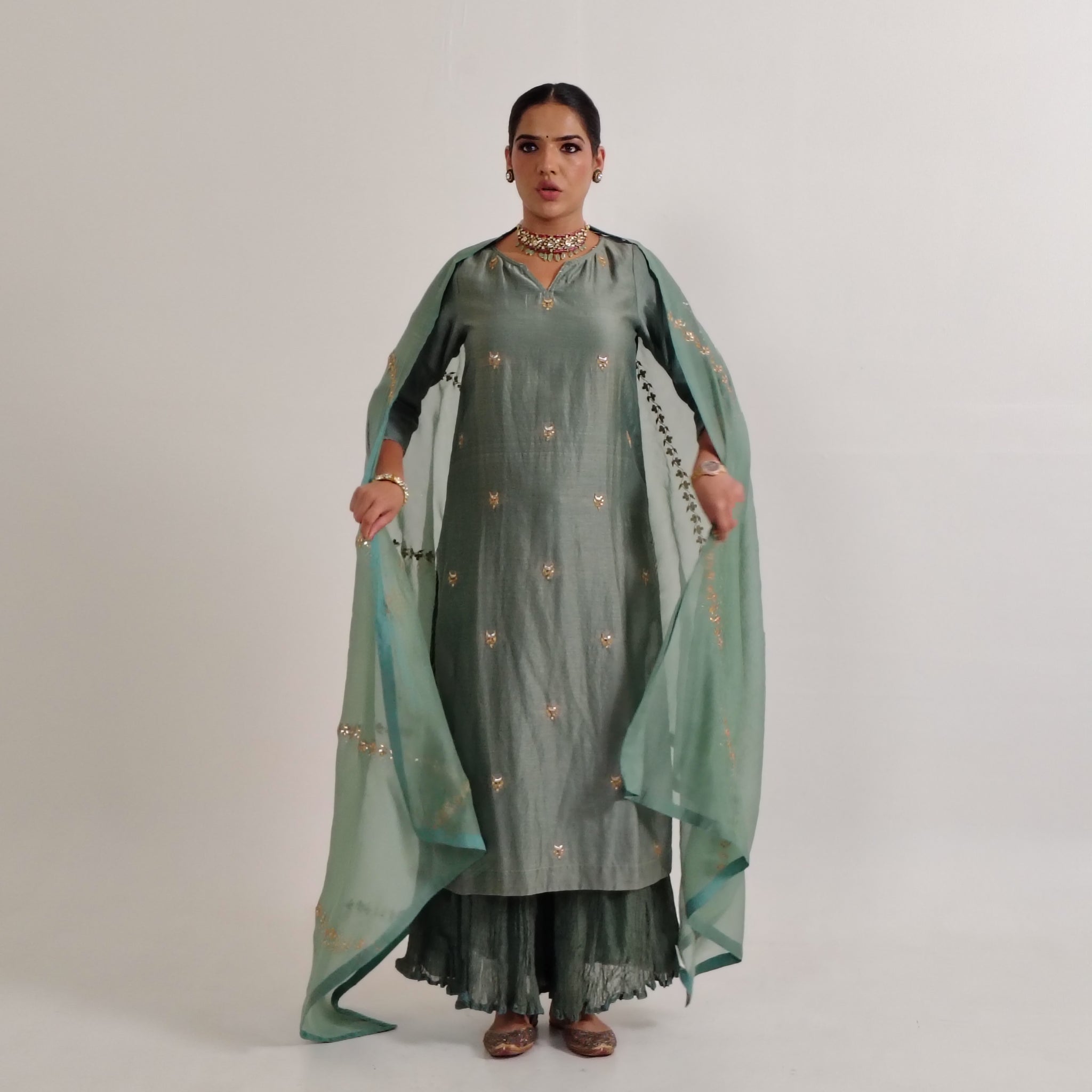 Sage Green Gota-Patti Chanderi Sharara Set