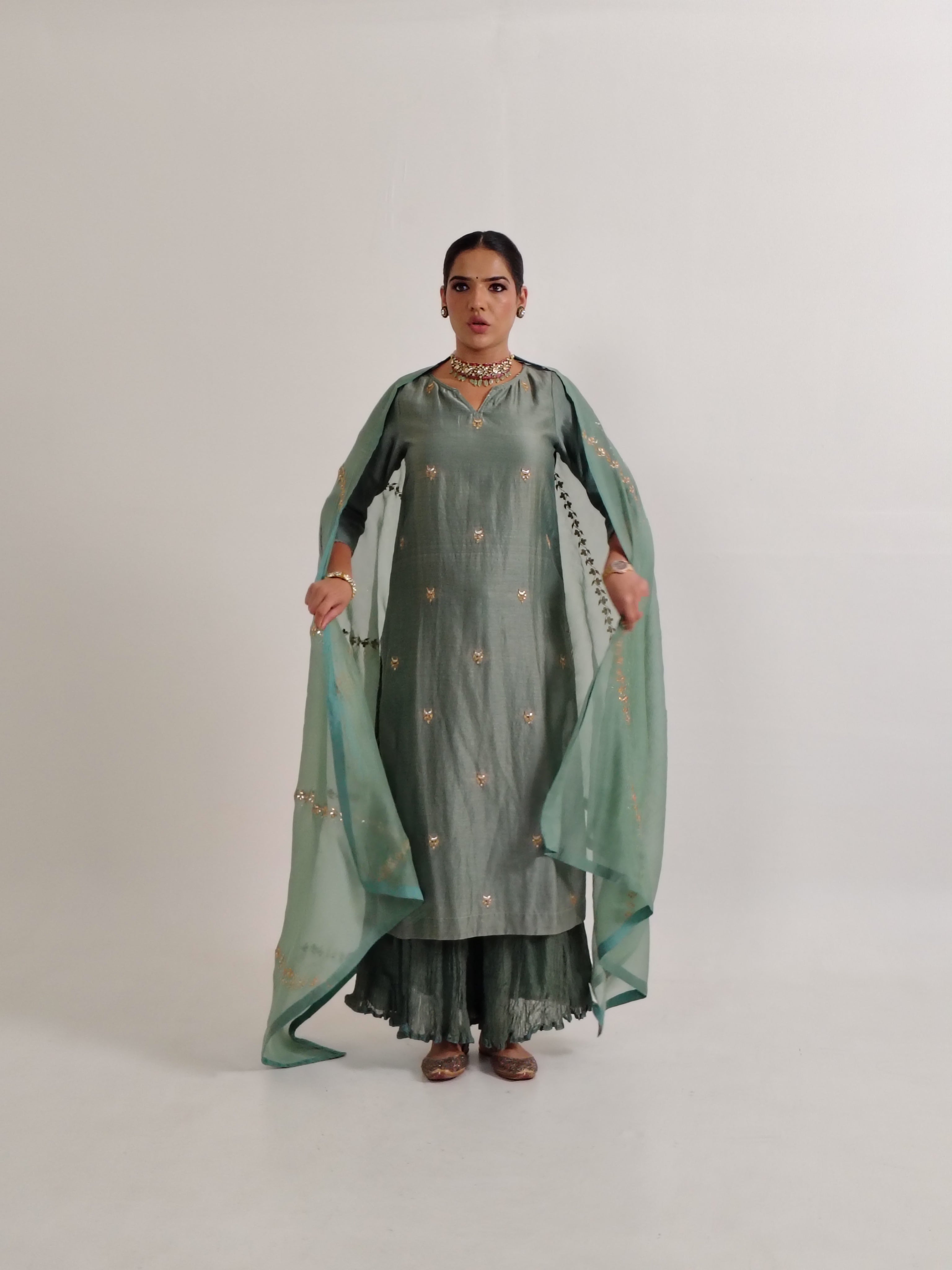 Sage Green Gota-Patti Chanderi Sharara Set