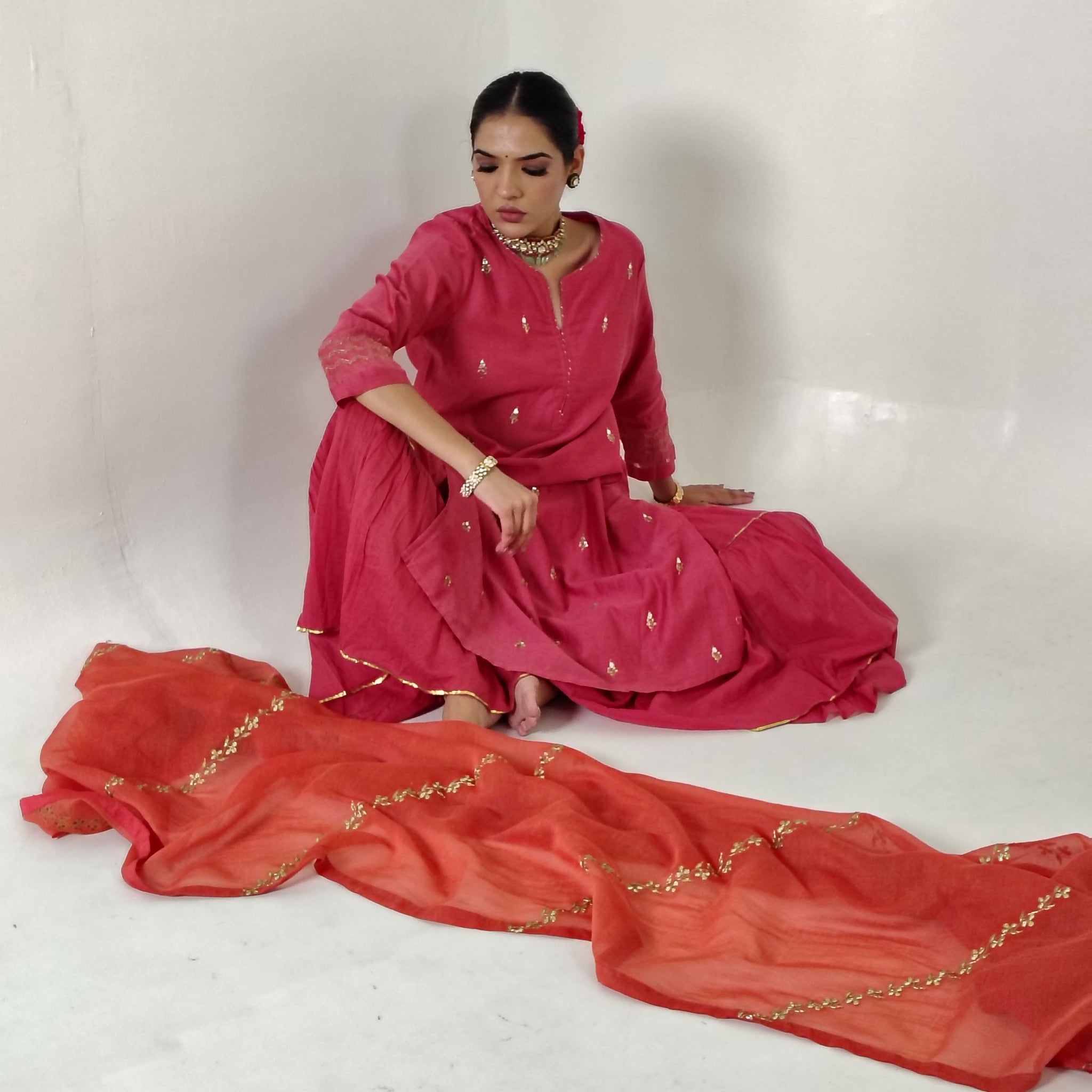Coral Pink Aari-Zardozi Embroidered Sharara Set