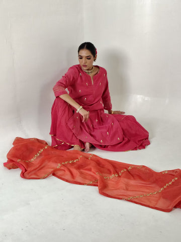 Coral Pink Aari-Zardozi Embroidered Sharara Set