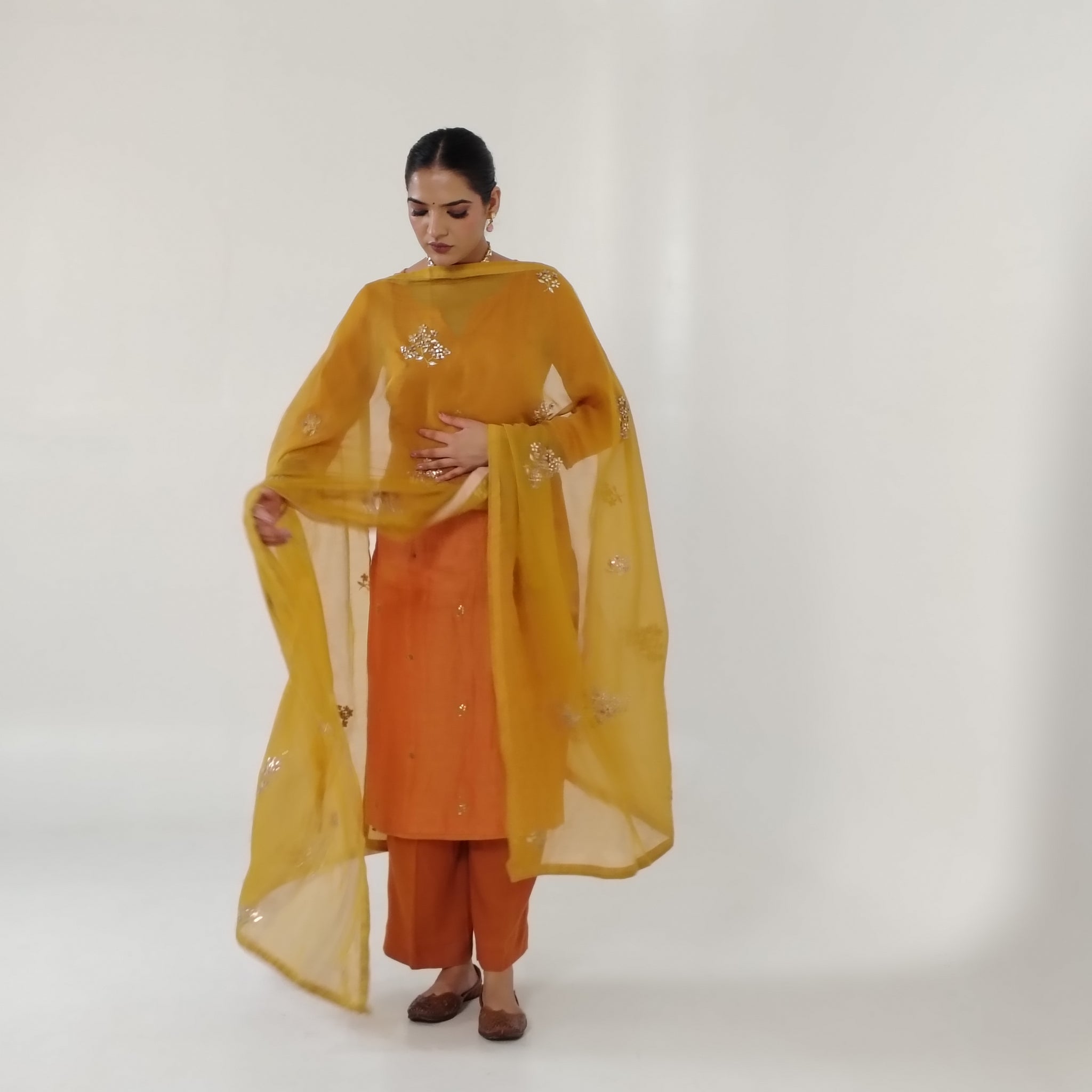 Rust Orange Embroidered Chanderi Straight Kurta Set