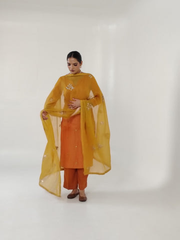 Rust Orange Embroidered Chanderi Straight Kurta Set