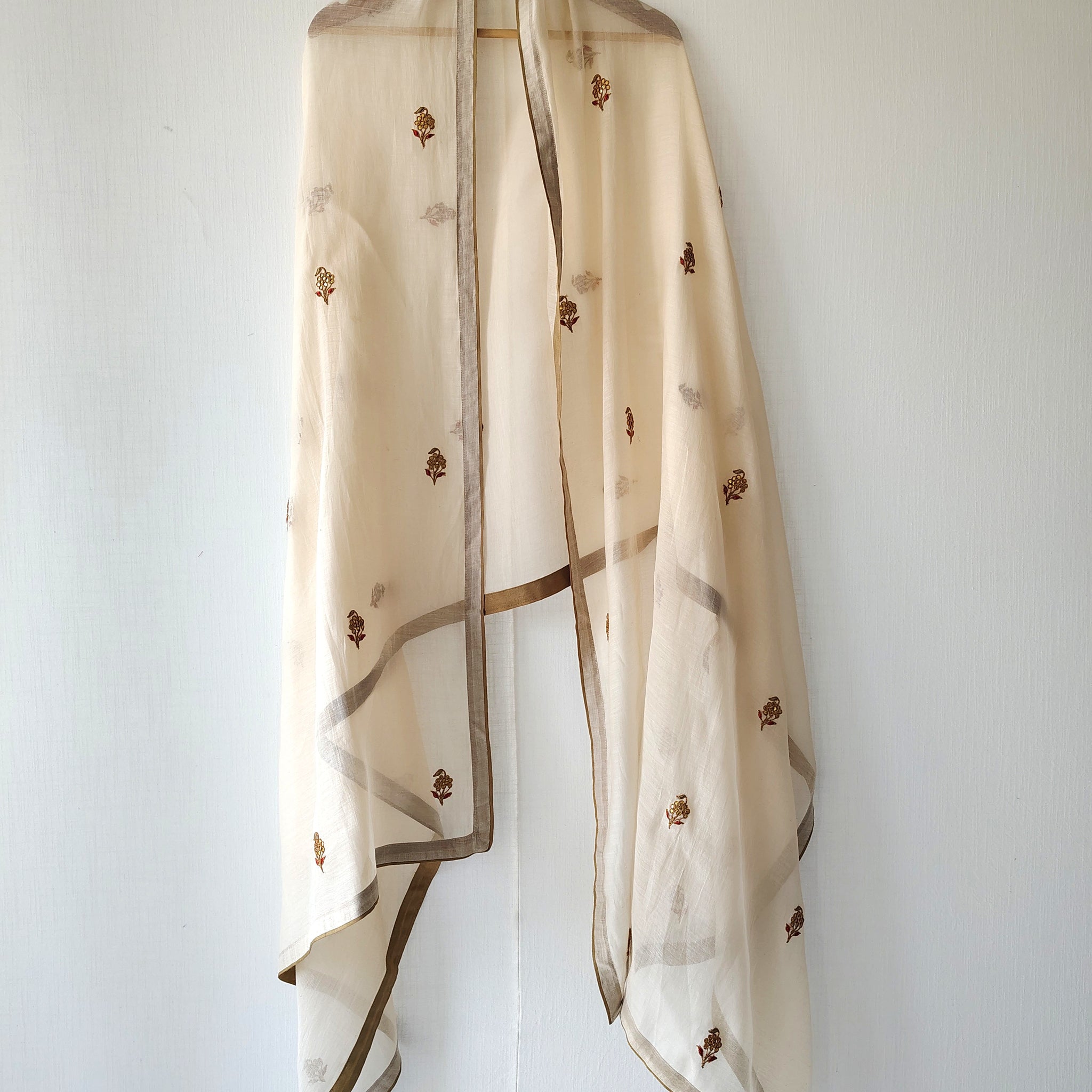 Ivory Pink Floral Gota Patti Cotton Silk Dupatta
