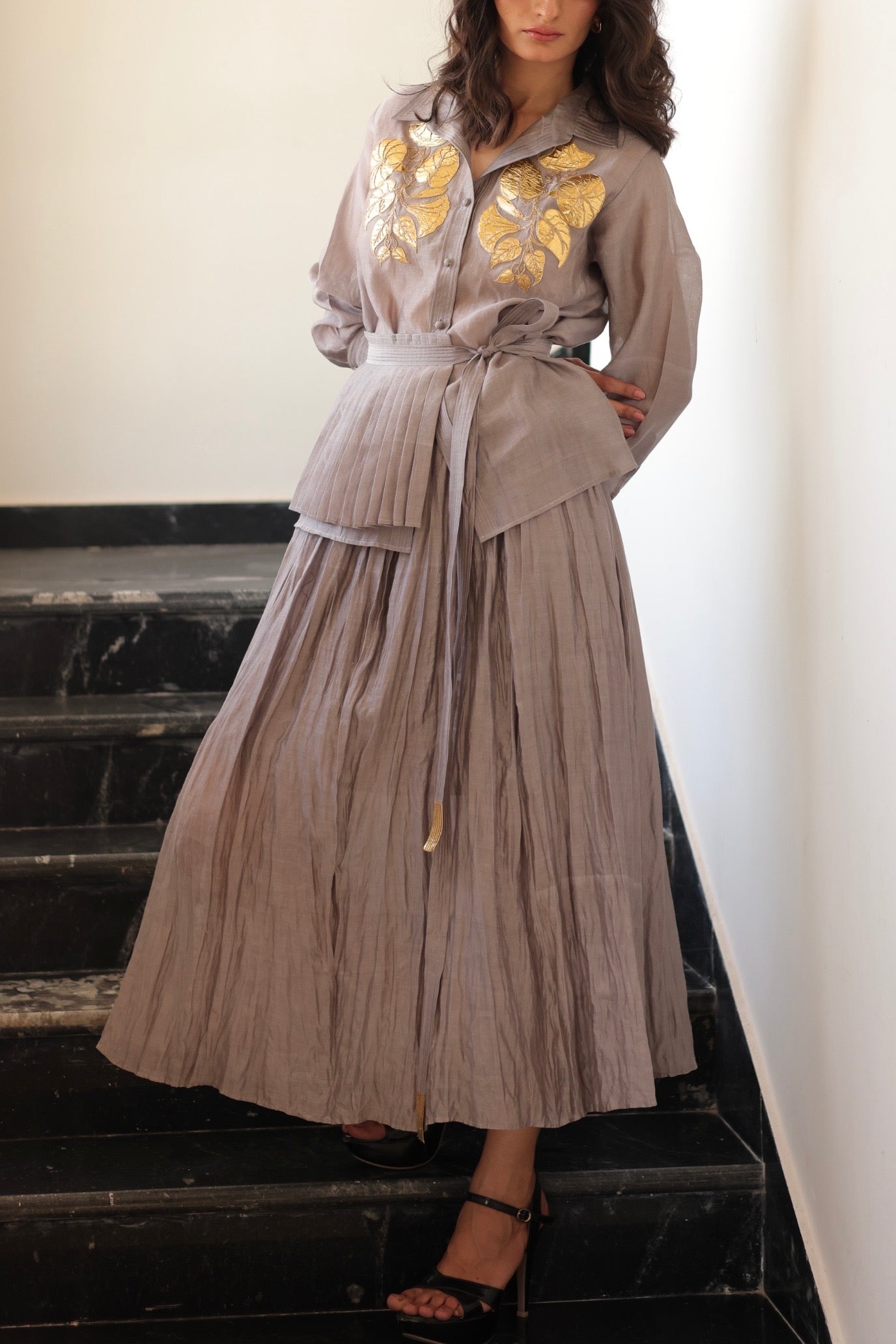 Steel grey panelled crushed skirt and pleated peplum belt