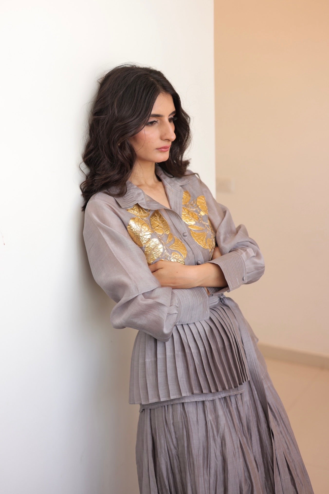 Steel grey panelled crushed skirt and pleated peplum belt