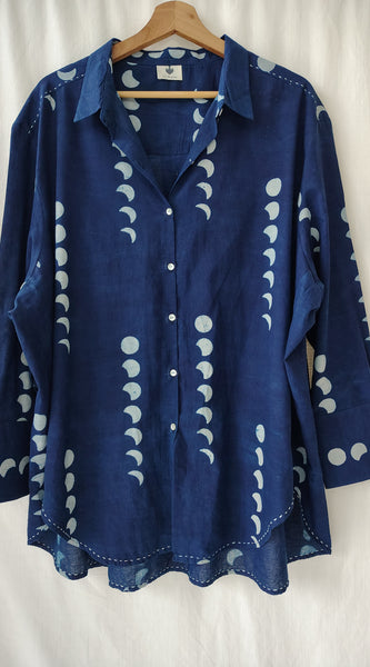 Indigo Moon Phases Loose Fit Cotton Shirt Block Print
