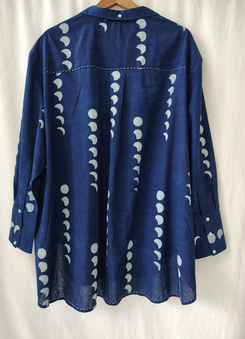 Indigo Moon Phases Loose Fit Cotton Shirt Block Print
