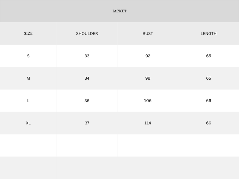 Garment Size Chart - Centimeters