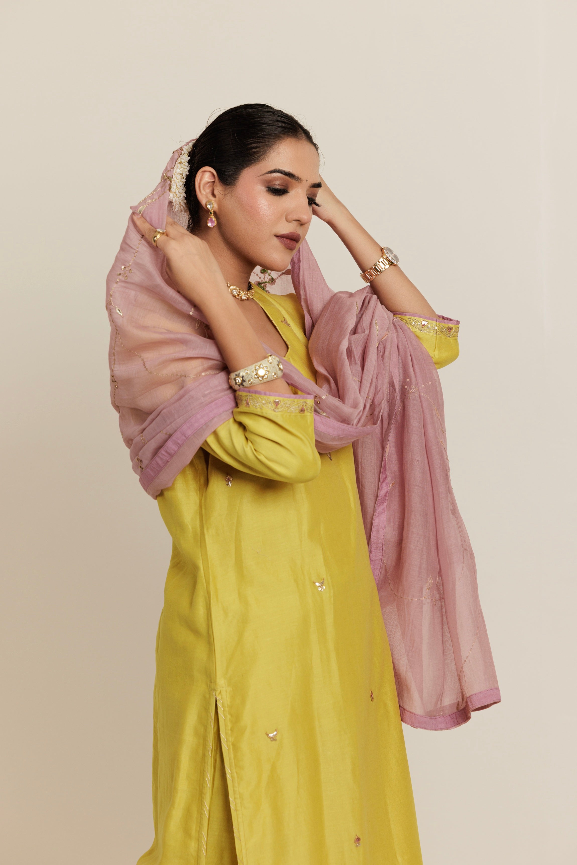 Hand Embroidered Gota Patti Chanderi Kurta Set