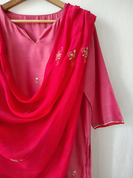 Pink & Red Gota Patti Hand Embroidered Kurta Set with Dupatta