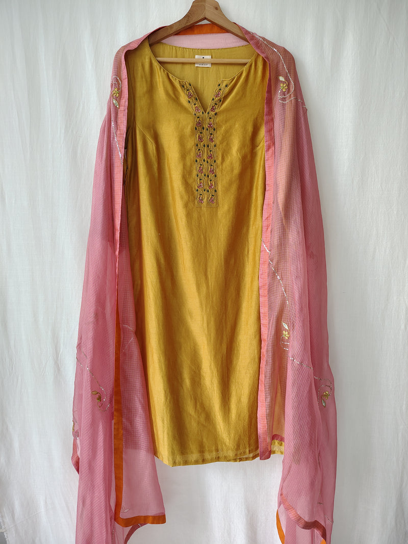 Mustard & Pink Gota Patti Hand Embroidered Suit Set with Dupatta