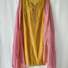 Mustard & Pink Gota Patti Hand Embroidered Suit Set with Dupatta