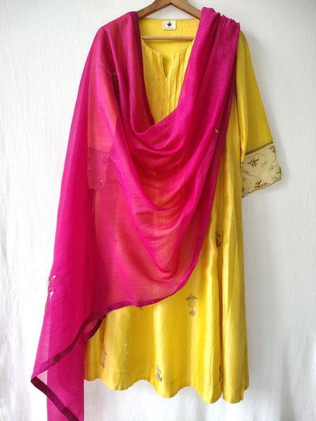 Yellow Hand Embroidered Gota Patti Kurta Set with Dupatta