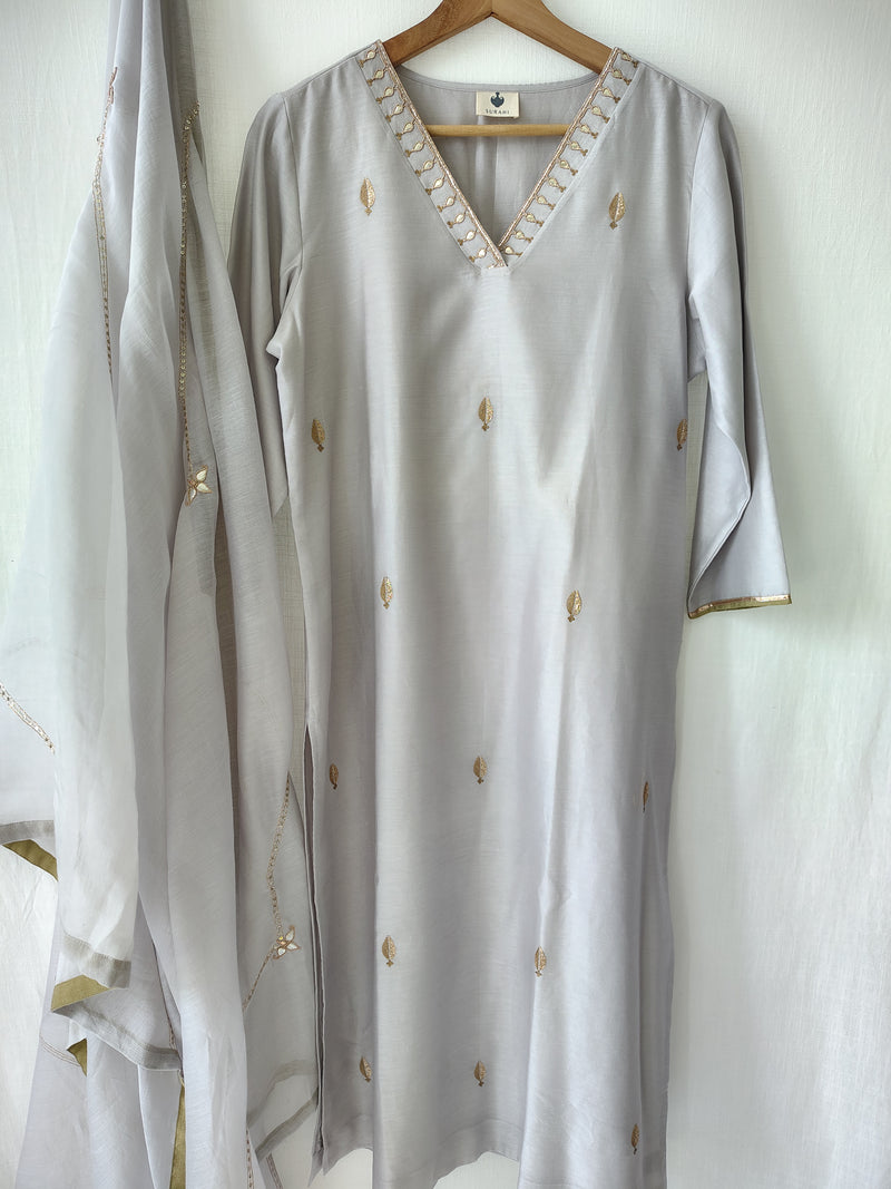 Grey Gota Patti Hand Embroidered Kurta Set with Dupatta