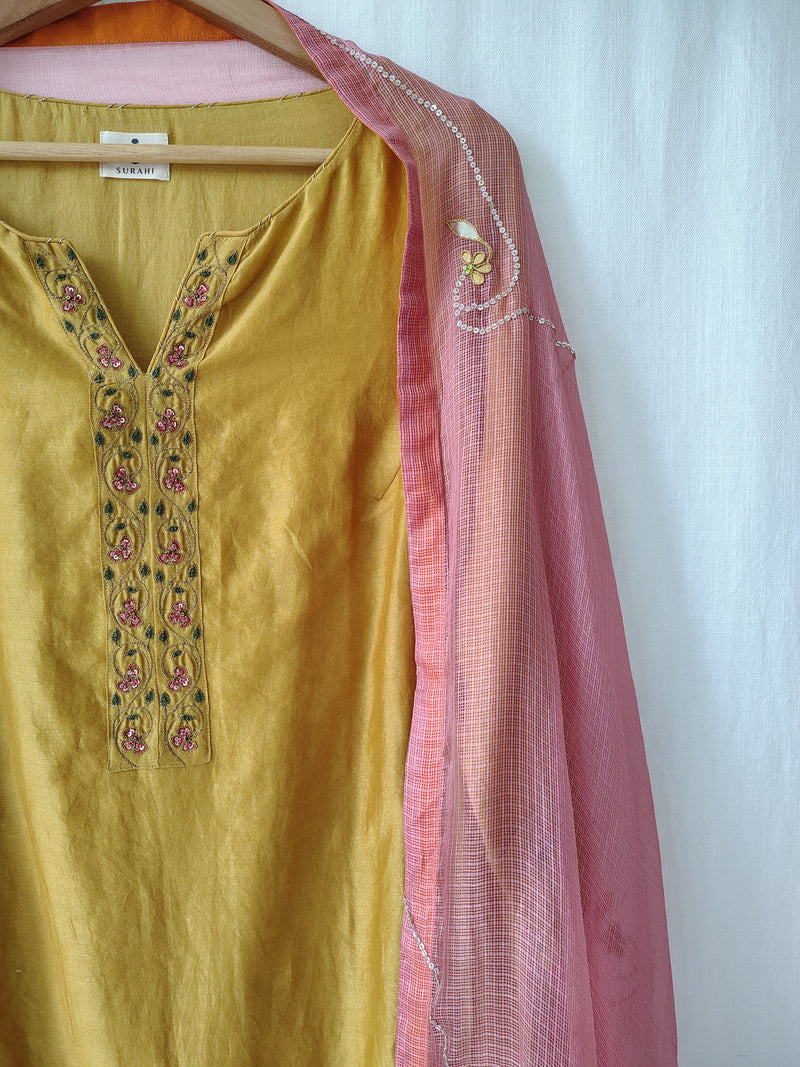 Mustard & Pink Gota Patti Hand Embroidered Suit Set with Dupatta