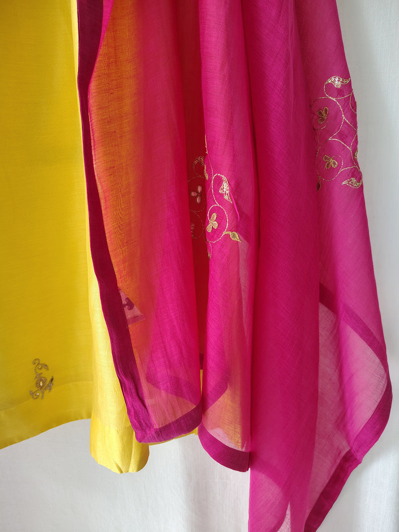 Yellow Hand Embroidered Gota Patti Kurta Set with Dupatta